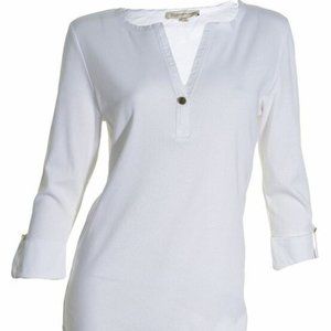 - Jones New York Womens Woven Trim Henley Top